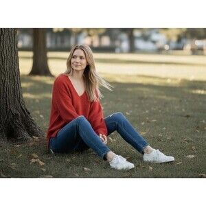 Aerie Red Fuzzy Oversized V-Neck Chunky-Knit Pullover Sweater Women's M pTP:27